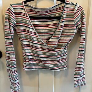 Urban Outfitters Striped Ribbed Wrap-Front Long Sleeve Top Y2K